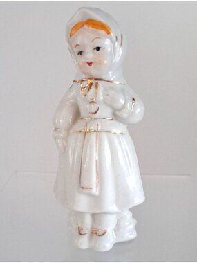 Luster Girl with Bonnet Figurine Vintage Ceramic White With Gold Accents